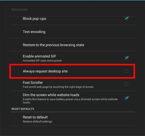 Android Settings Request Desktop Site